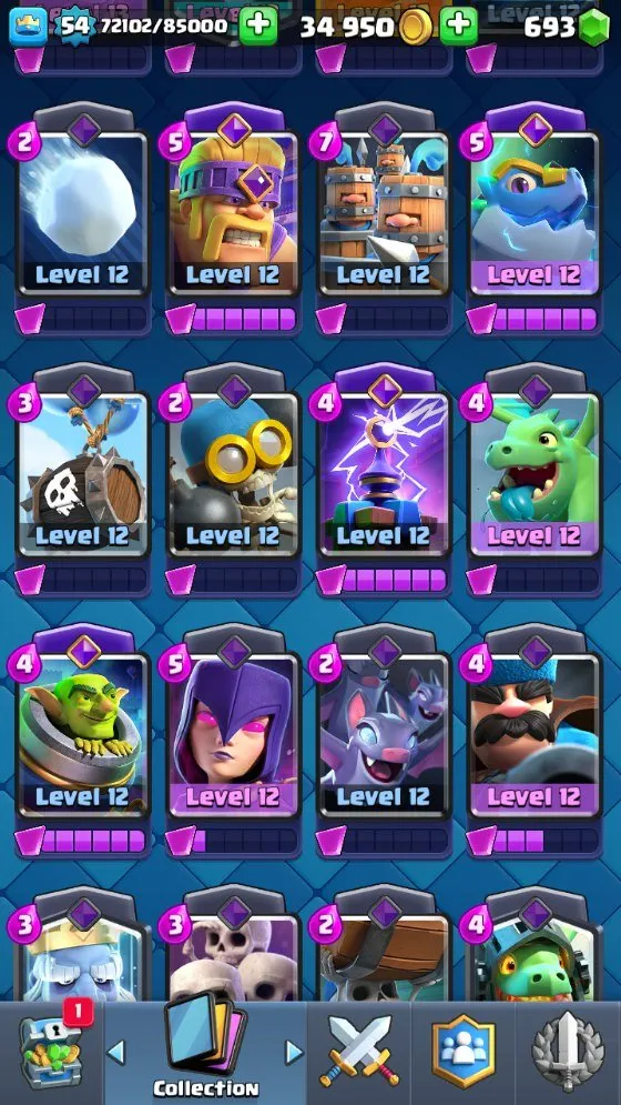 CR574 Maxed 10k trophies lvl 54, arena 24, 121 cards found, 6 lvl 15 deck, 13 lvl 14, 10 evolutions, 46 emotes, 19 legendary, 693 gems, 34k gold