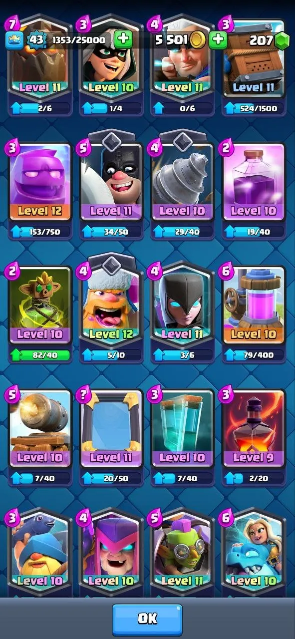 CR515 Max Arena 20 7803 Trophies | Level 43 | 8 Evolutions | 31 Emotes | 120/121 Cards 