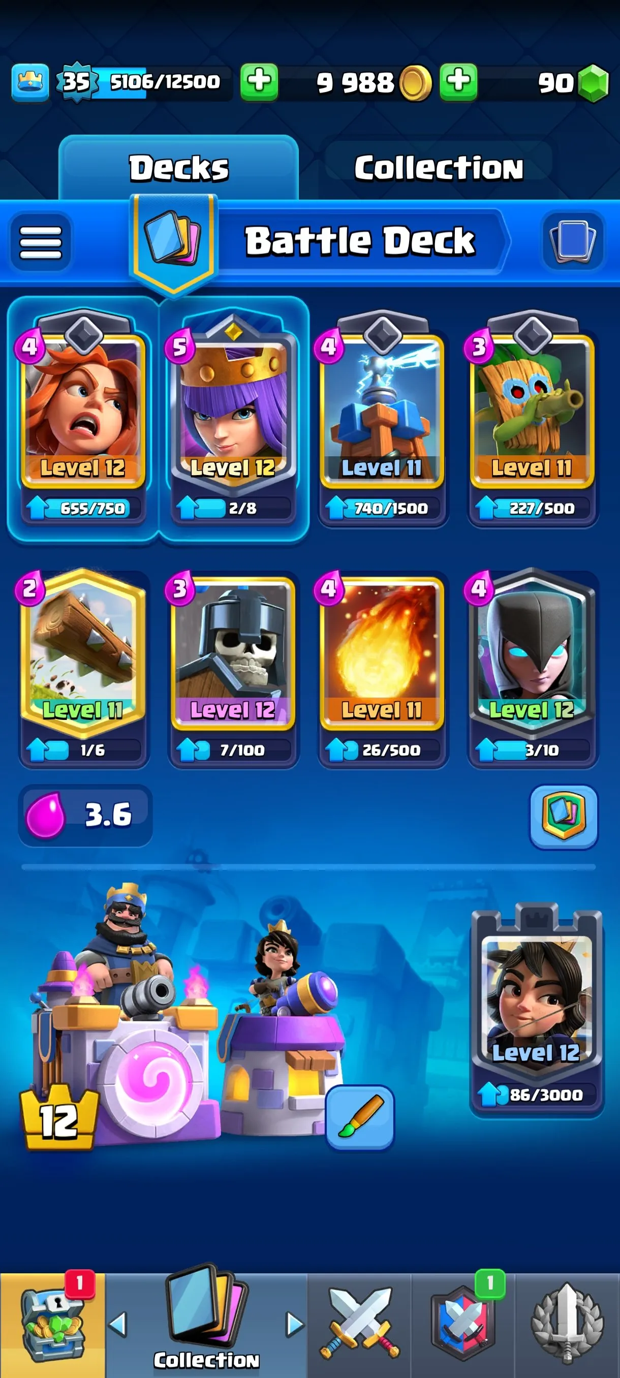 CR674 6565 cups 1 Evolution 115 cards 90 gems 9988 gold King 35 Arena 18 4 tower skins 25 emotes badges collection