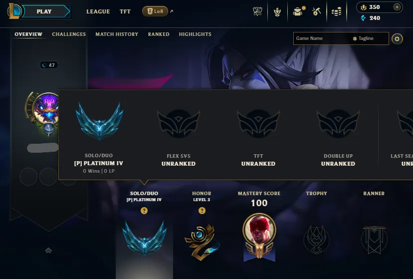 🔥LVL47 Platinum 4 0W/1L in Placements Handleveled💎11Skins⭐Name Changeable✅Recovery Info Included – Lifetime Ownership Guarantee