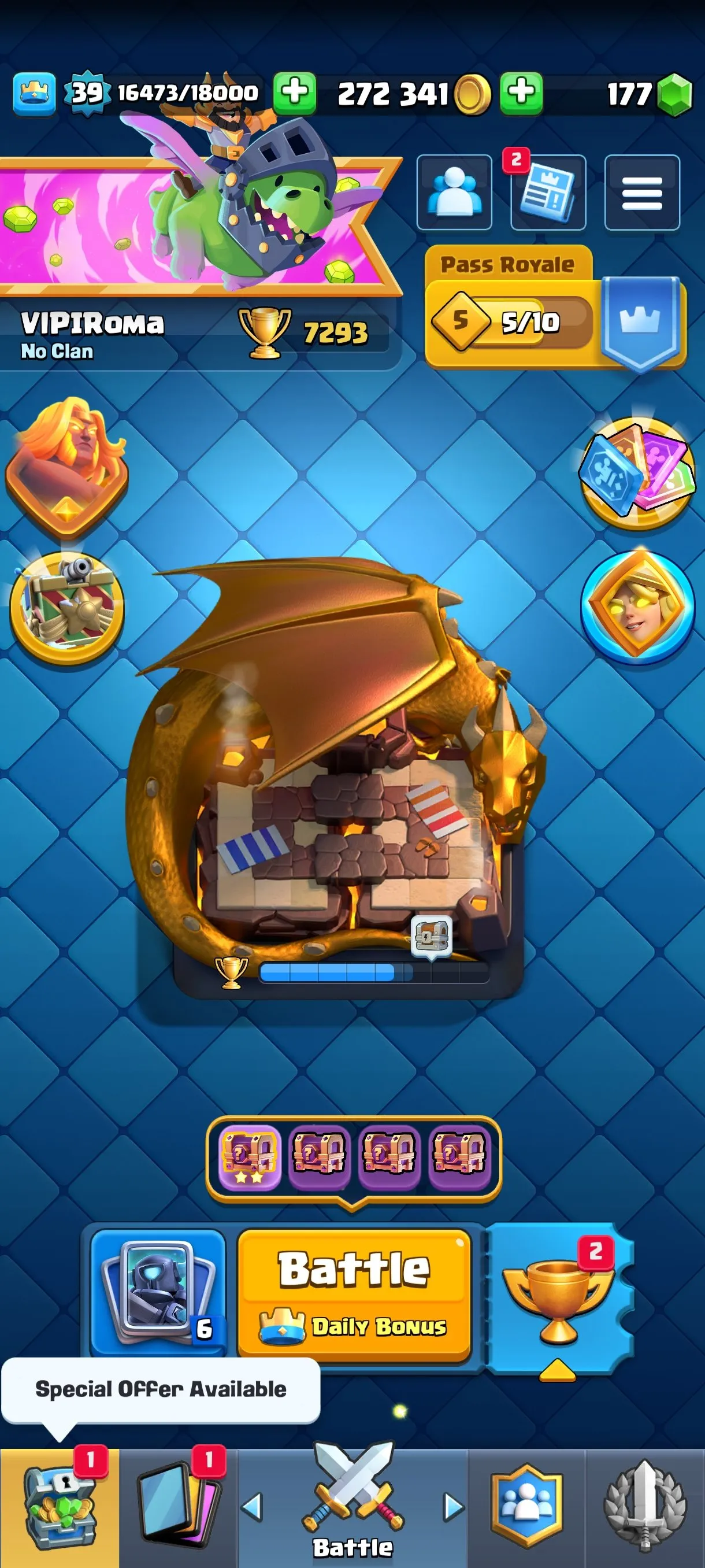 CR680 7293 cups 9 Evolutions 118 cards 177 gems 272341 gold King 39 Arena 19 35 emotes 4 tower skins rich deck