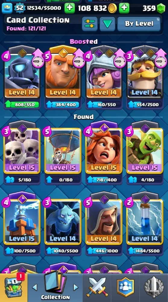 CR722 10k Trophies Level 52 Balloon Deck Five Level 15 Cards Four Level 14 Cards 20 Legendary Cards 7 Evolutions 108k Gold
