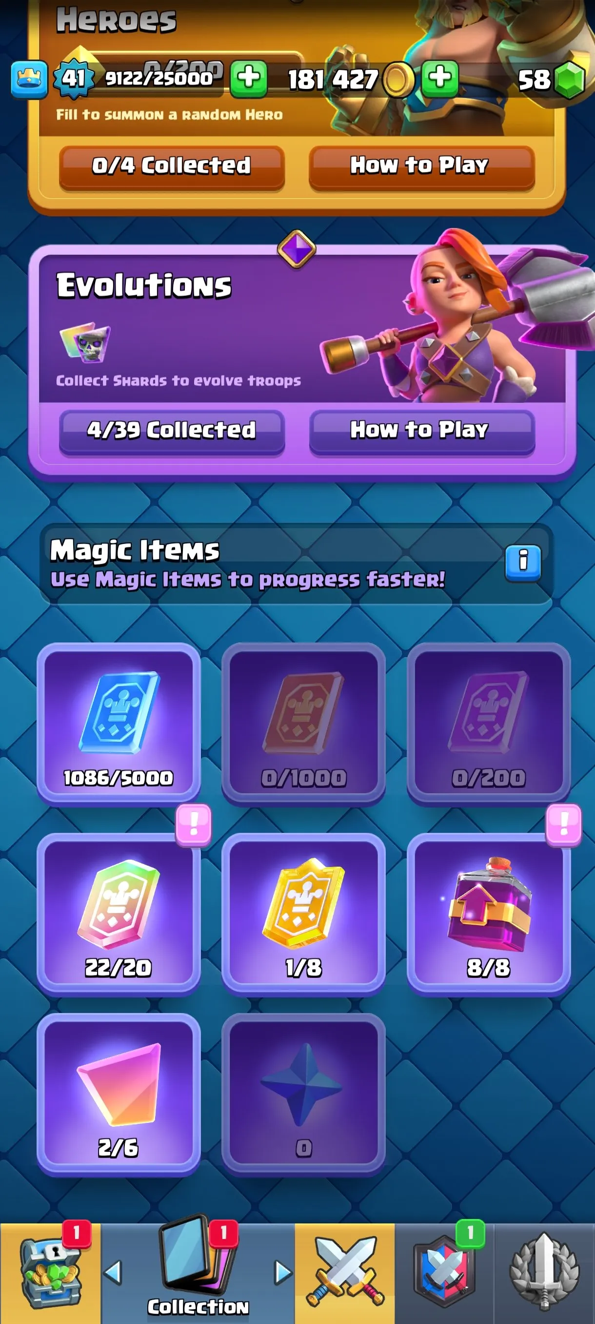 CR677 9244 cups 4 Evolutions 121 cards 58 gems 181427 gold King 41 Arena 23 36 emotes 5 tower skins rich deck