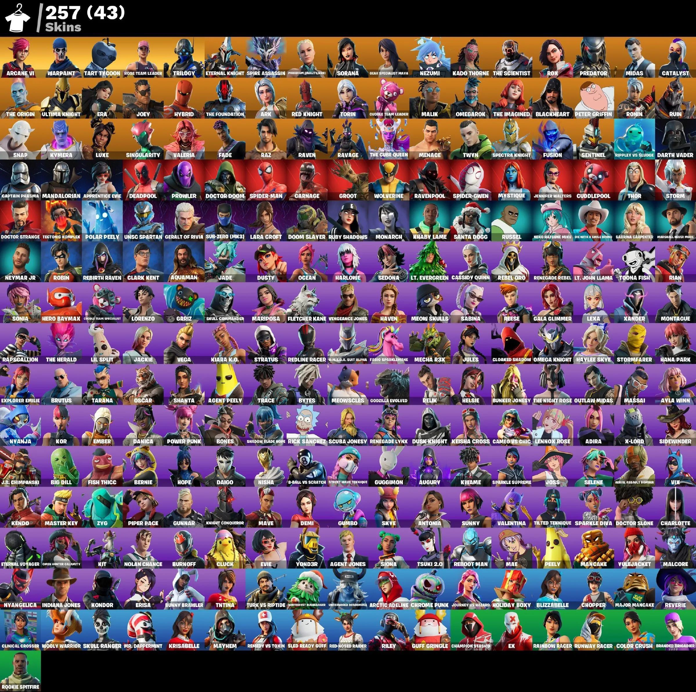 F1019 Arcane Vi, Tart Tycoon, Trilogy, Monarch, Warpaint, Rose Team Leader, OG Save The World, 257 Skins, 64 Exclusives, 292 Dances, 292 Backblings, 256 Pickaxes, 216 Gliders, 1550 V-Bucks 