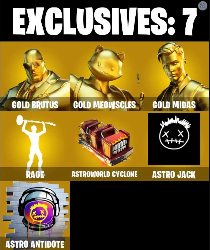 F1183 Gold Brutus, Gold Meowscles, Gold Midas, Rage, Astroworld Cyclone, Astro Jack | 30 Skins, 37 Gliders, 37 Backpacks, 34 Pickaxes, 32 Dances, OG & Event Exclusives