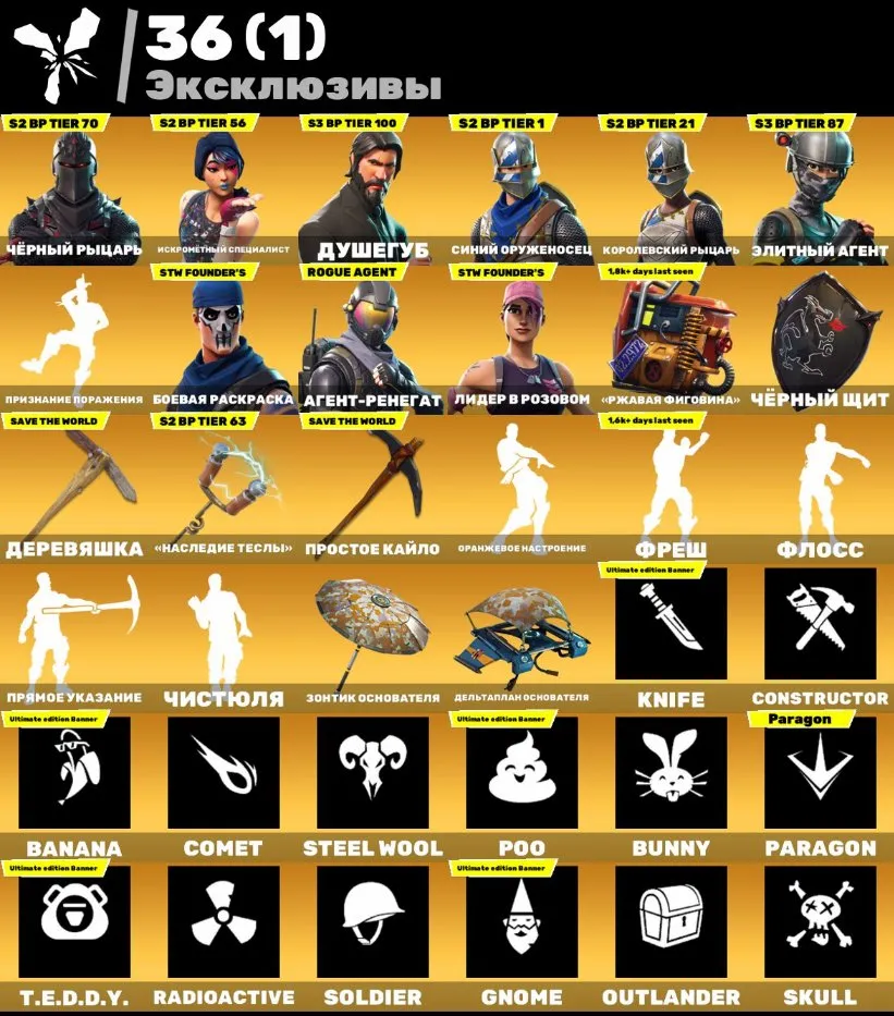 F920 Black Knight, FAT AKKICH, Blue Squire, Rogue Agent, Elite Agent, Omega, Red Knight, Chun-Li, Astrid, Llama DJ, Skull Trooper and more