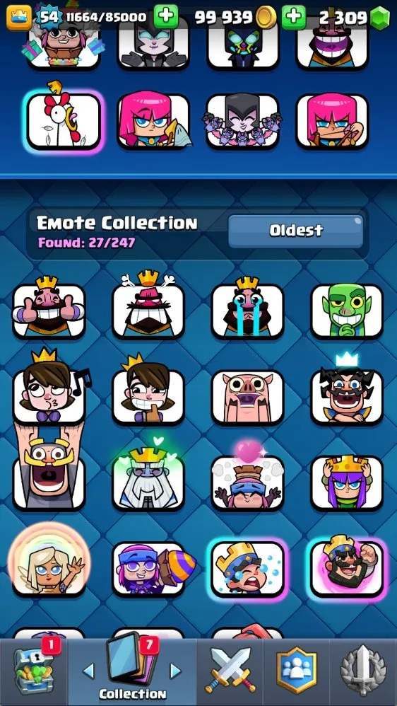 CR627 Lvl 54 8.1k Trophies Arena 21 Mega Knight Deck 2 Lvl 16 3 Lvl 14 3 Evo 19 Legendaries 2.3k Gems 117 Cards 99k Gold Name Change