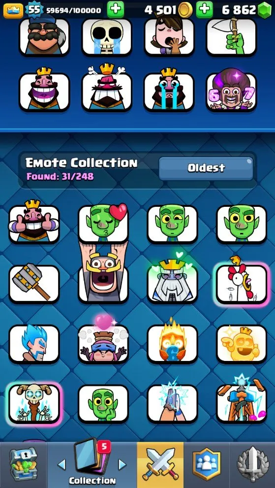 CR629     7.8k Trophies Arena 20 King Level 55 Hunter Deck 2 LVL16 4 LVL14 4 Evolutions 6800 Gems 19 Legendaries 119 Cards Free Name Change 29 Emotes Banner Decorations Custom Towers