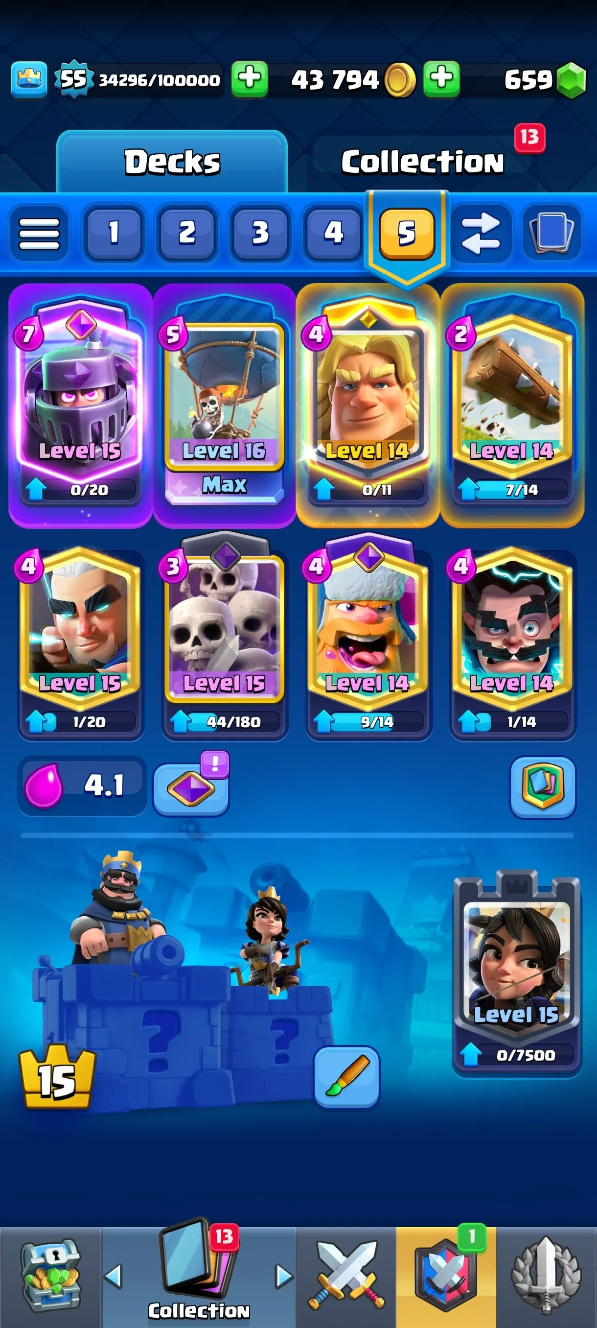 CR681 10000 cups 10 Evolutions 121 cards 659 gems 43794 gold King 55 Arena 25 69 emotes 9 tower skins max balloon mega knight