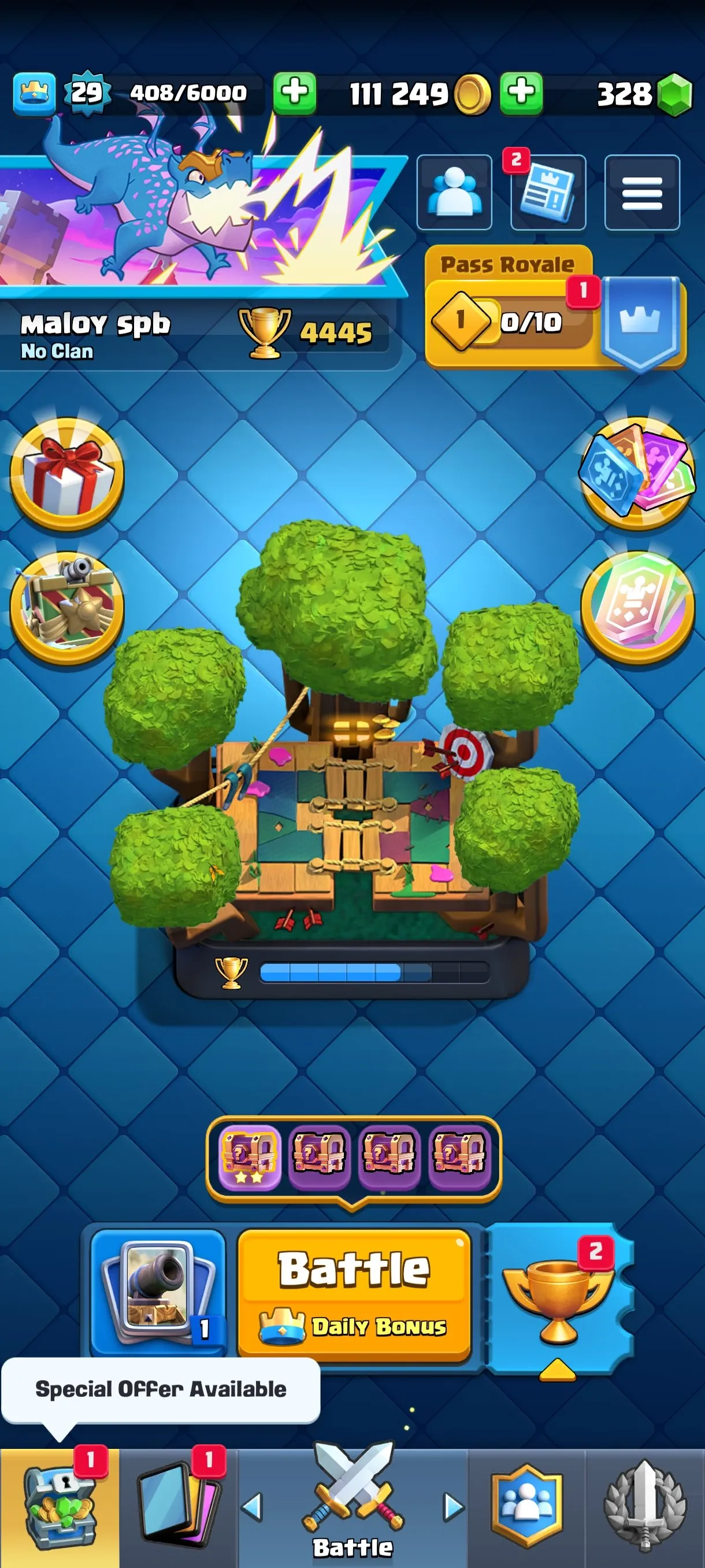 CR682 4445 cups 0 Evolutions 89 cards 328 gems 111249 gold King 29 Arena 13 12 emotes 1 tower banner collection