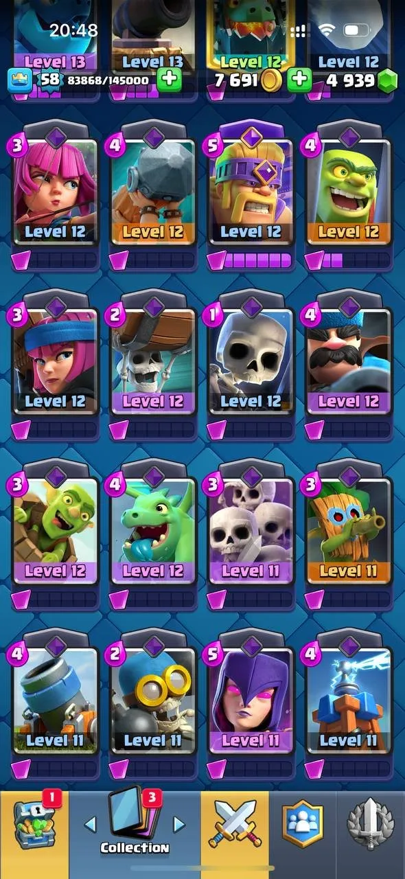 CR546 Arena 20 Level 58 | 7.6k Trophies | 19 Legendary Cards | 5 Evolutions | 4900 Gems | 33 Emotes | 119 Cards
