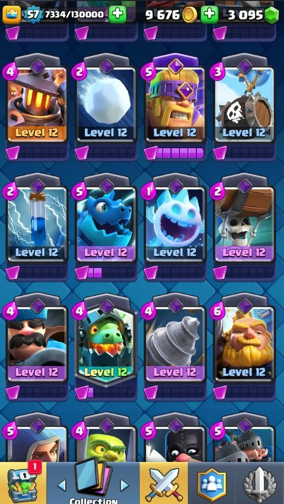 CR545 10k trophies lvl 57, 120 cards 19 legendary, lumberjack deck, 2 lvl 16 2 lvl 15, 3k gems, 85 emotes
