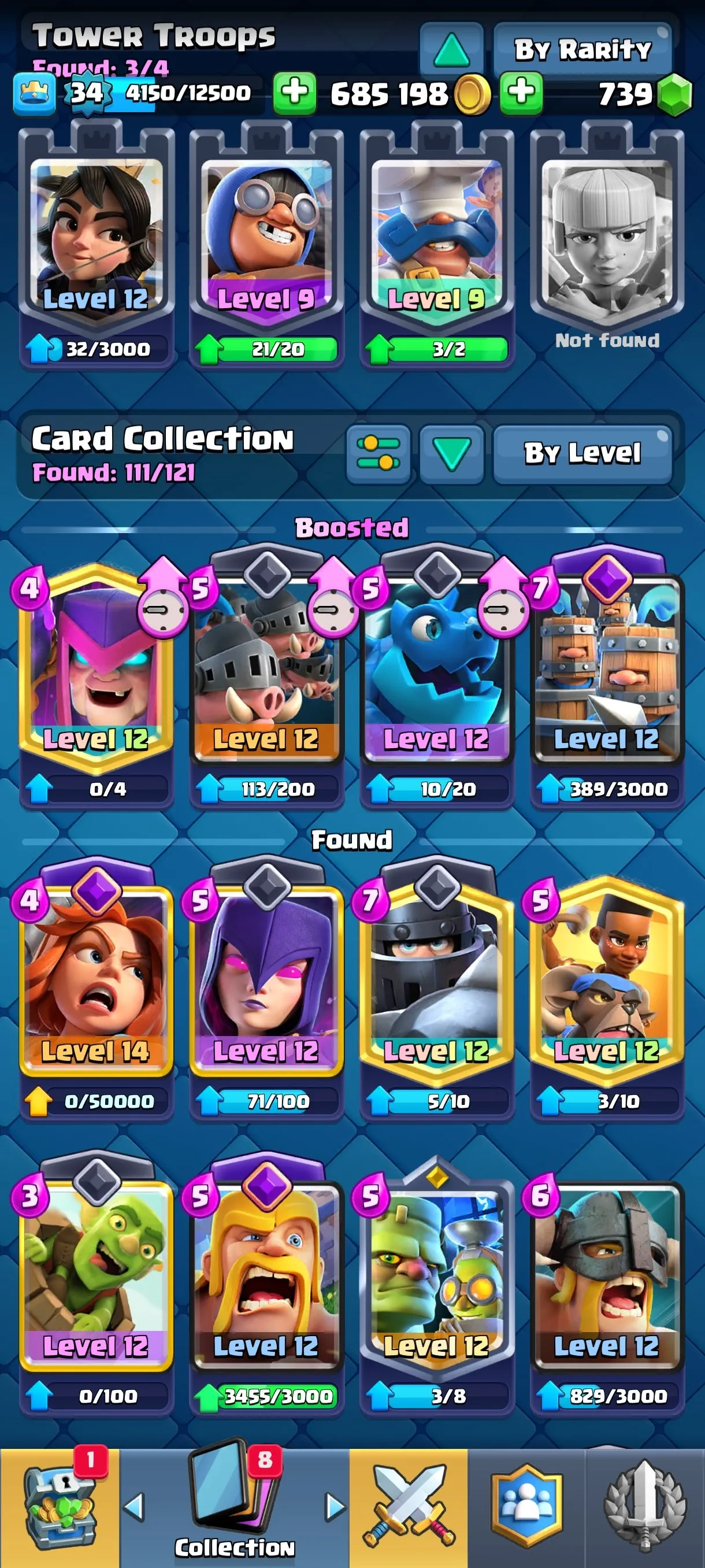 CR671 7581 cups 3 Evolutions 16 Legendary 111 cards 739 gems 685198 gold King 34 Arena 20 rich emotes tower banners