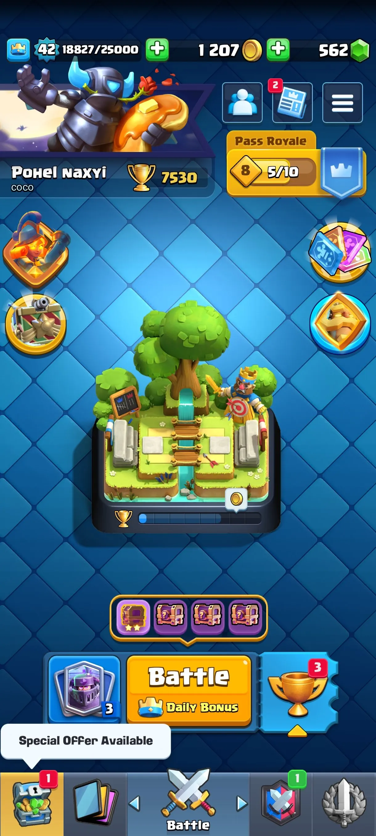 CR679 7530 cups 9 Evolutions 121 cards 562 gems King 42 Arena 20 53 emotes 2 tower skins rich badges collection