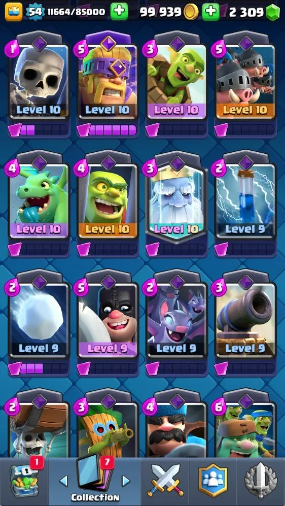 CR627 Lvl 54 8.1k Trophies Arena 21 Mega Knight Deck 2 Lvl 16 3 Lvl 14 3 Evo 19 Legendaries 2.3k Gems 117 Cards 99k Gold Name Change