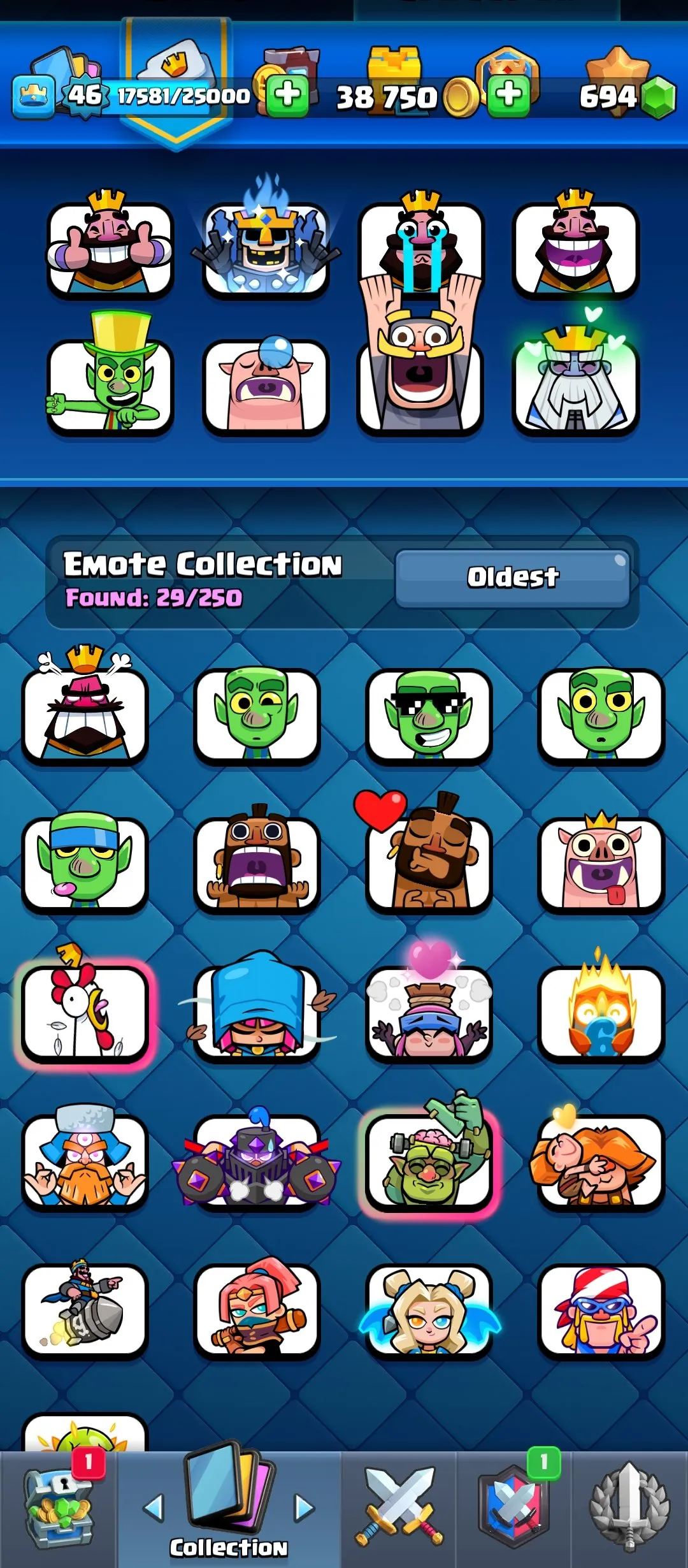 CR624 King Level 46 Arena 24 9700 Trophies 119 Cards 8 Evo 29 Pins Min Deck LVL 14 Max Deck LVL 15 Name Change Free 33k Best Seasons