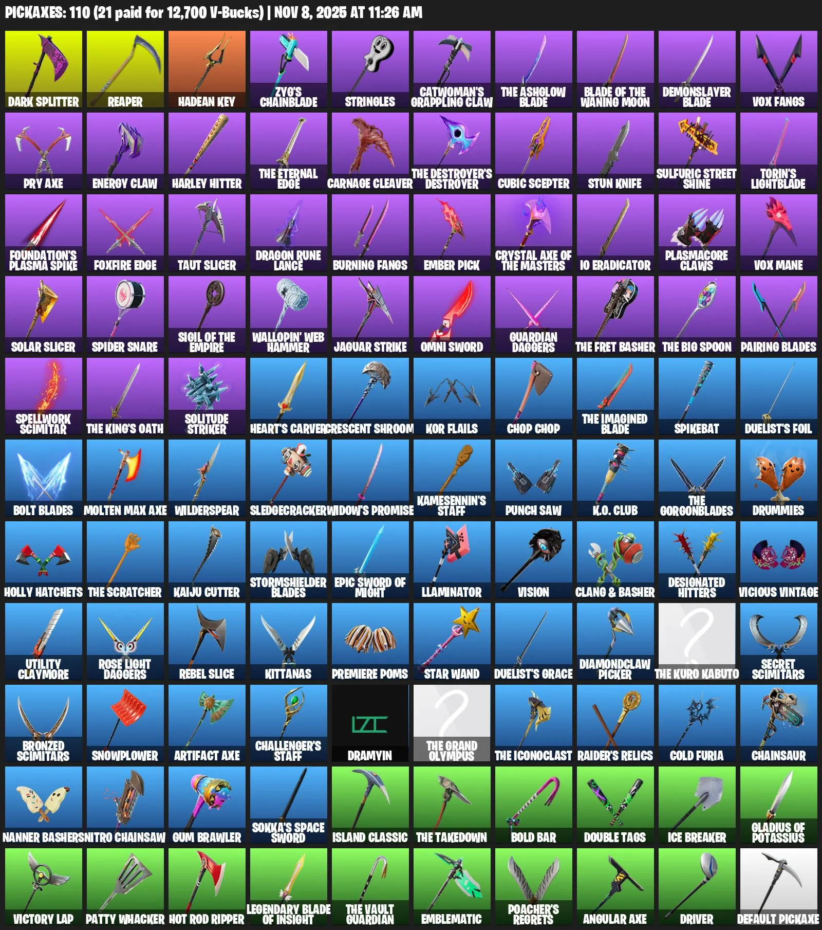 F1002 Dark Skully, Darth Vader, Lara Croft, Joltara, Red Knight, Valeria, Peter Griffin, Spiderman, Clark Kent & More Skins | 94 Skins | 110 Pickaxes | 88 Gliders | 74 Emotes 