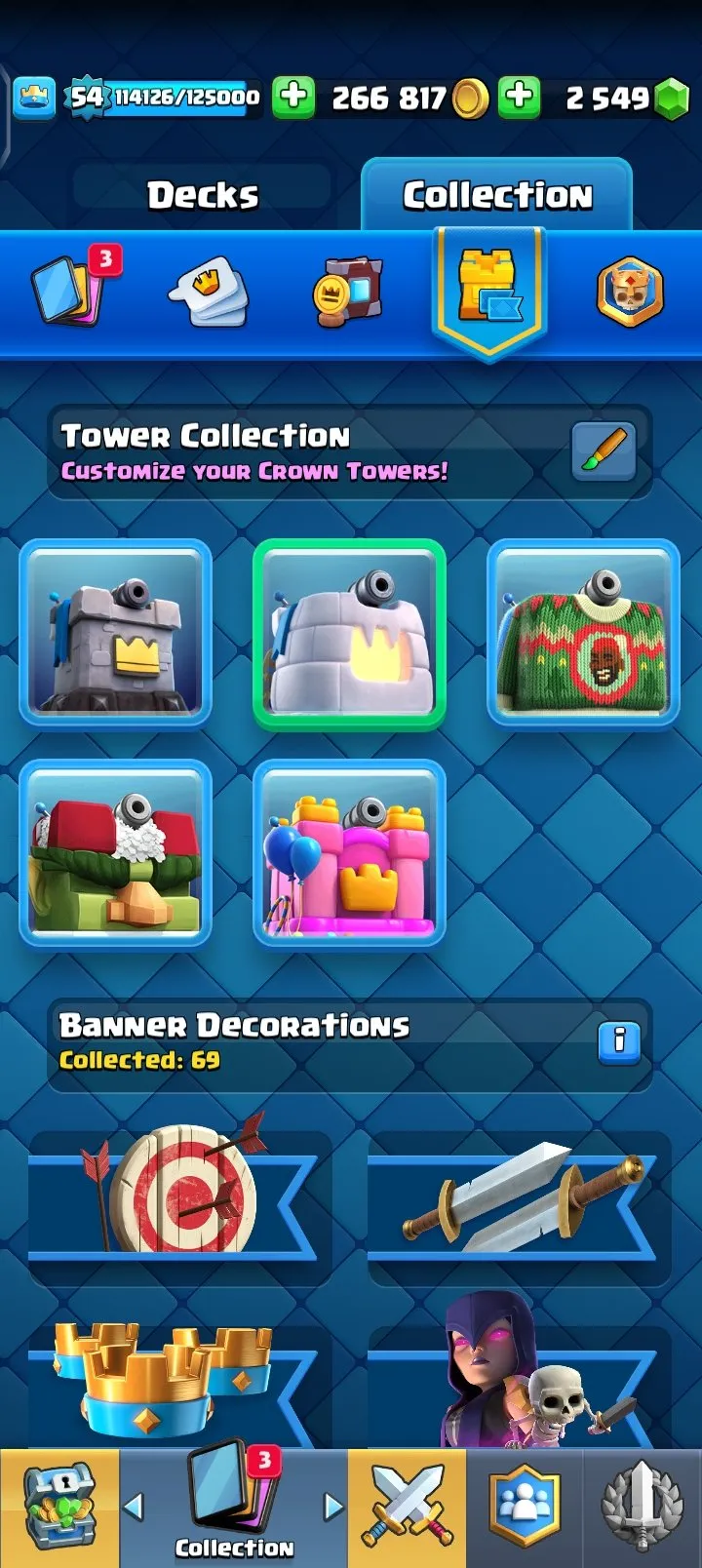 CR548 KT 15 LVL 54 4 Evolutions 6 Elite 36 Max Cards 118/121 Cards 2549 Gems 266k Gold 7680 Trophies Arena 23 Name Change