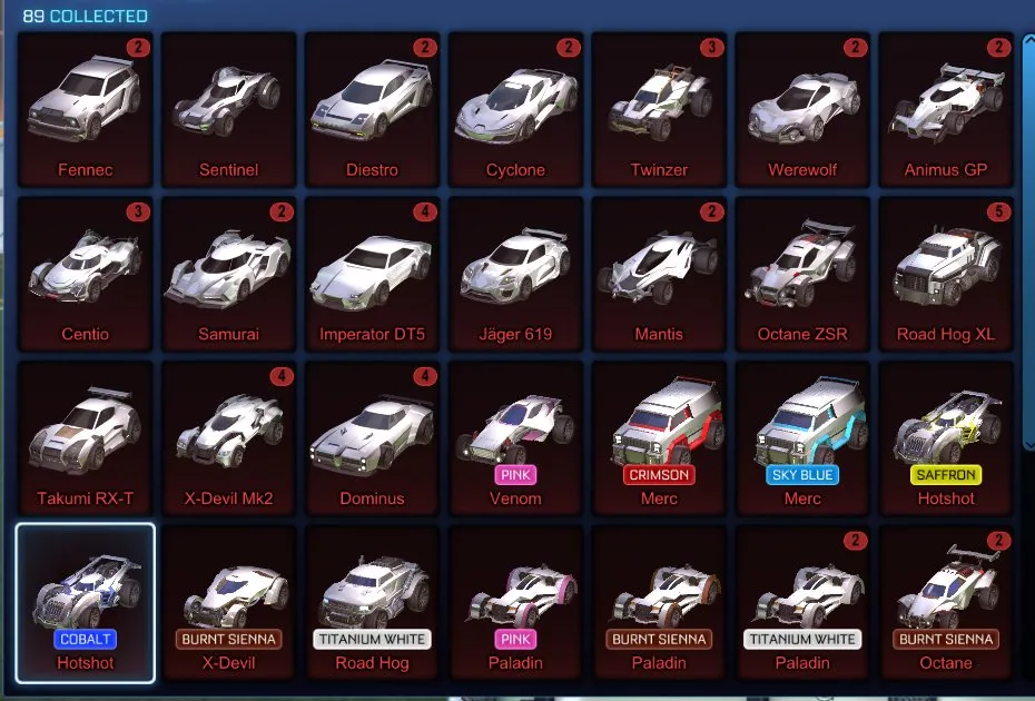 STOCK484 //Fennec, 89 Car Bodies (Titanium White Road Hog & Paladin, Crimson/Sky Blue Merc, Saffron/Cobalt Hotshot, Pink/Crimson Flamethrower, Painted X-Devil, Paladin, Octane), 45+ Black Markets