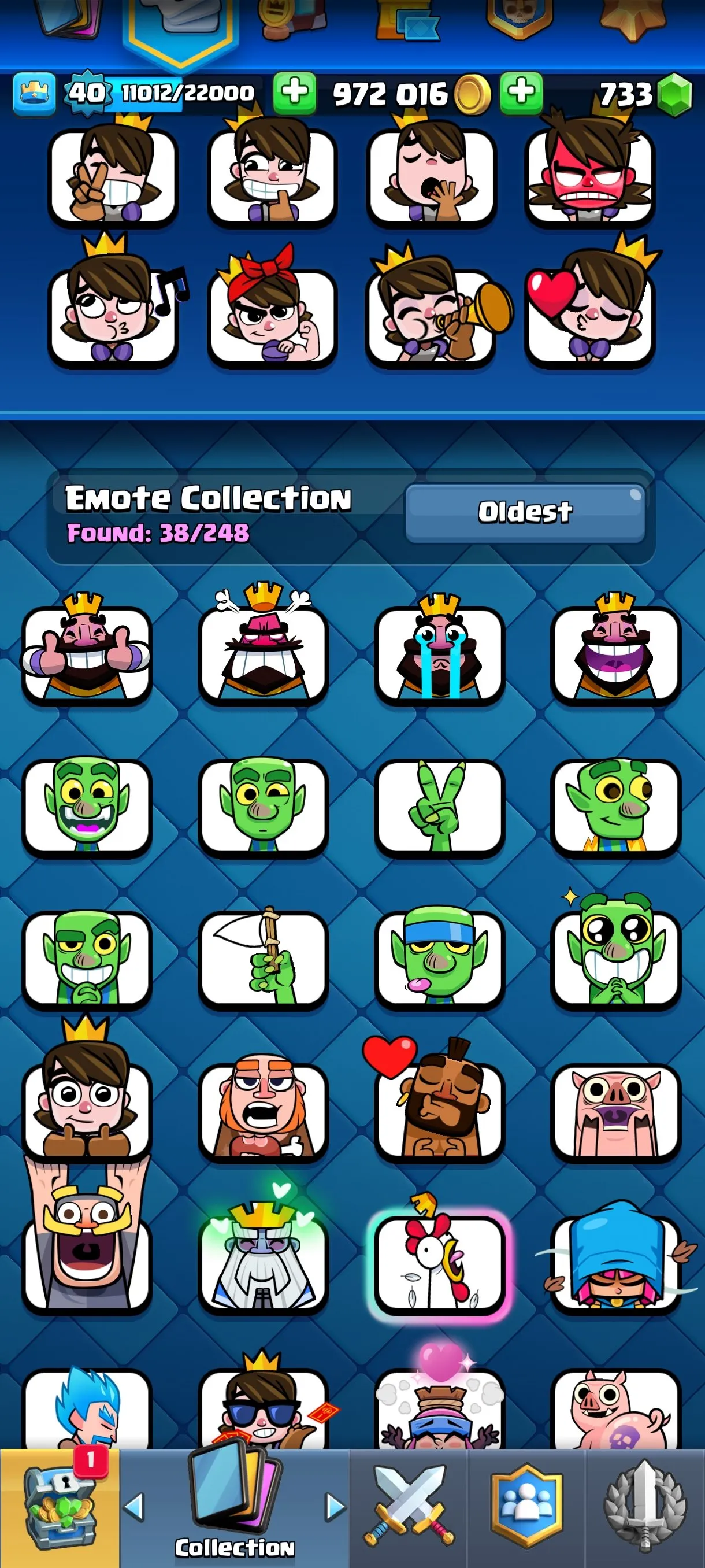 CR676 8035 cups 10 Evolutions 118 cards 733 gems 972016 gold King 40 Arena 21 5 tower skins 38 emotes rich magic