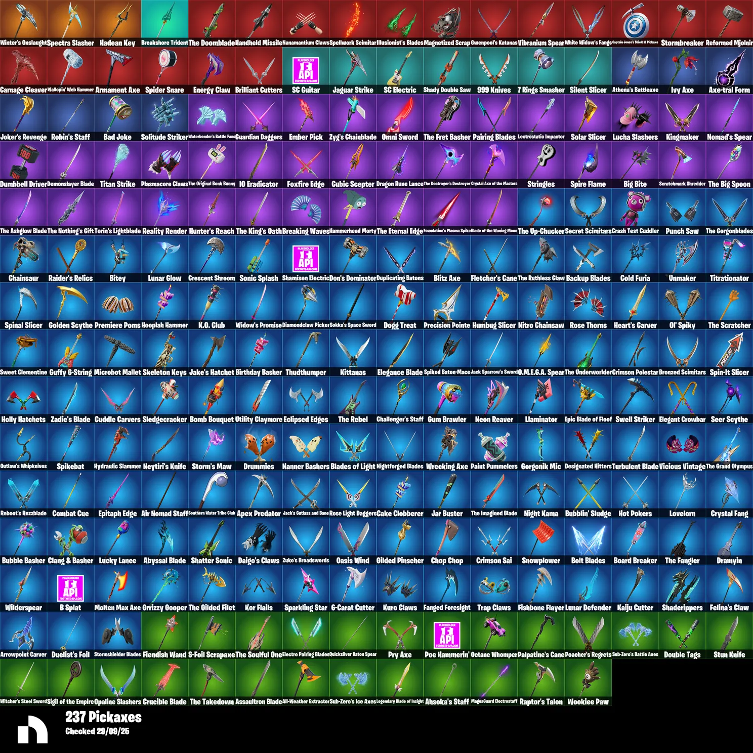 F997 214 Skins | Burnoff | T-60 Power Armor | UNSC Spartan | Big Dill | Fish Thicc | 269 Backpacks | 237 Pickaxes | 188 Wraps | 186 Gliders | 180 Emotes