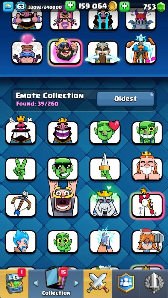 CR718 Level 63 deck with Rocket Archer 5 level 16 9 level 15 14 evolutions 10k trophies Arena 24 159k gold 753 gems 39 emotes 121 cards 20 legendaries