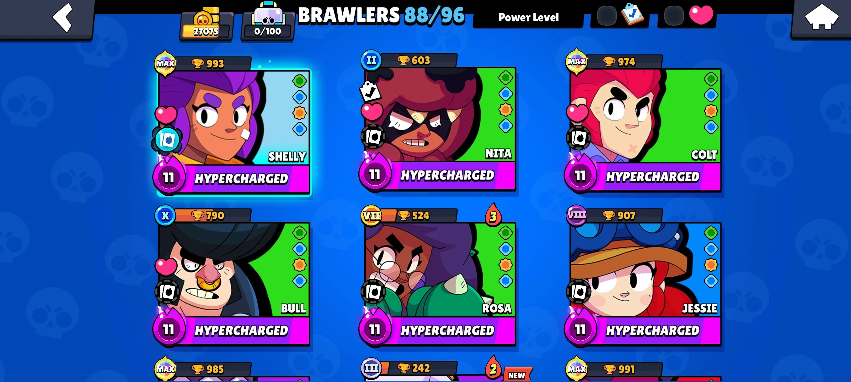 BS1803 27075 trophies 88 of 96 brawlers 160 skins including Black Godzilla Buzz Dark Angel Edgar Godzilla Buzz Sovereign Rico and many rare skins 16 power 11 brawlers 4 hypercharge skins (G).