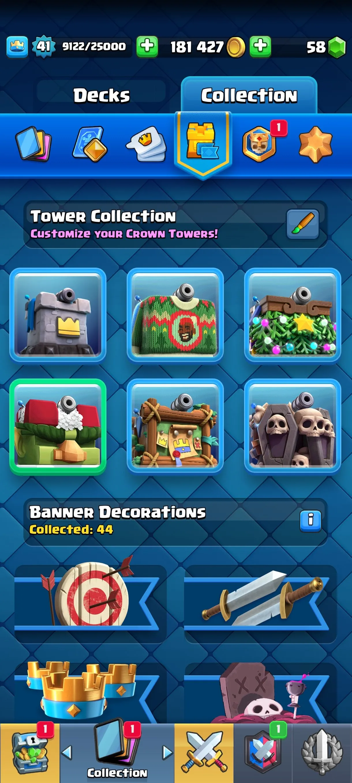 CR677 9244 cups 4 Evolutions 121 cards 58 gems 181427 gold King 41 Arena 23 36 emotes 5 tower skins rich deck