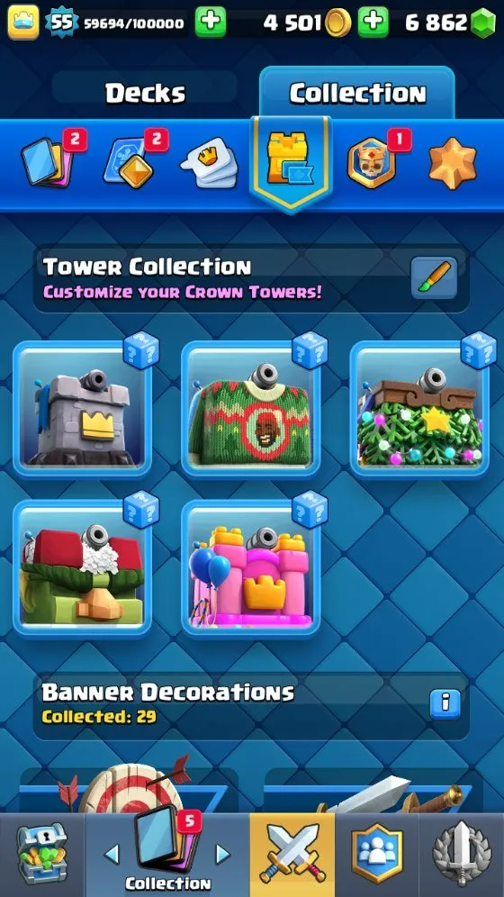 CR629     7.8k Trophies Arena 20 King Level 55 Hunter Deck 2 LVL16 4 LVL14 4 Evolutions 6800 Gems 19 Legendaries 119 Cards Free Name Change 29 Emotes Banner Decorations Custom Towers
