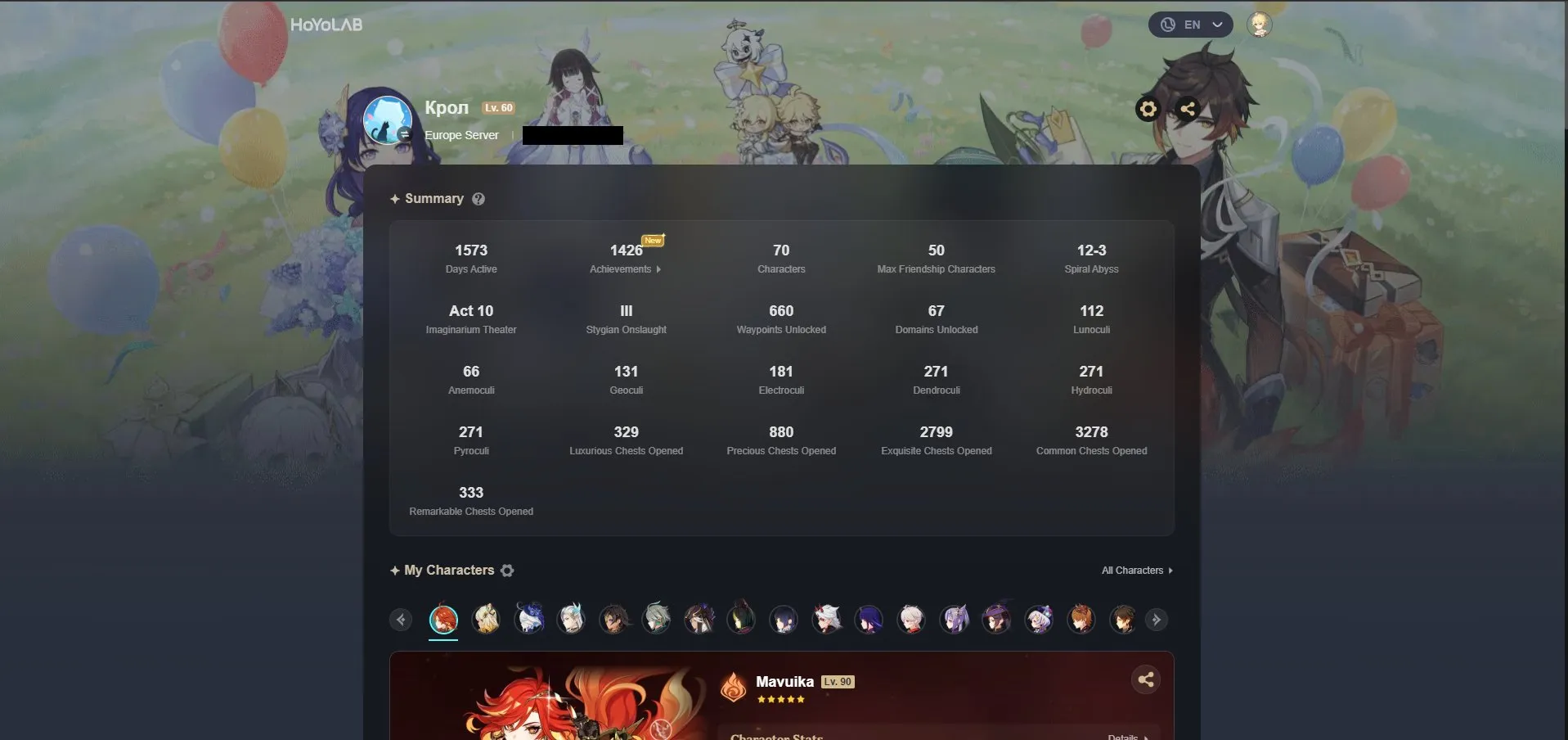 GI975 AR60 70 Chars 50 Max Friendship Mavuika Furina Neuvillette Raiden Kazuha Ayaka Tartaglia Hunter’s Path (G)