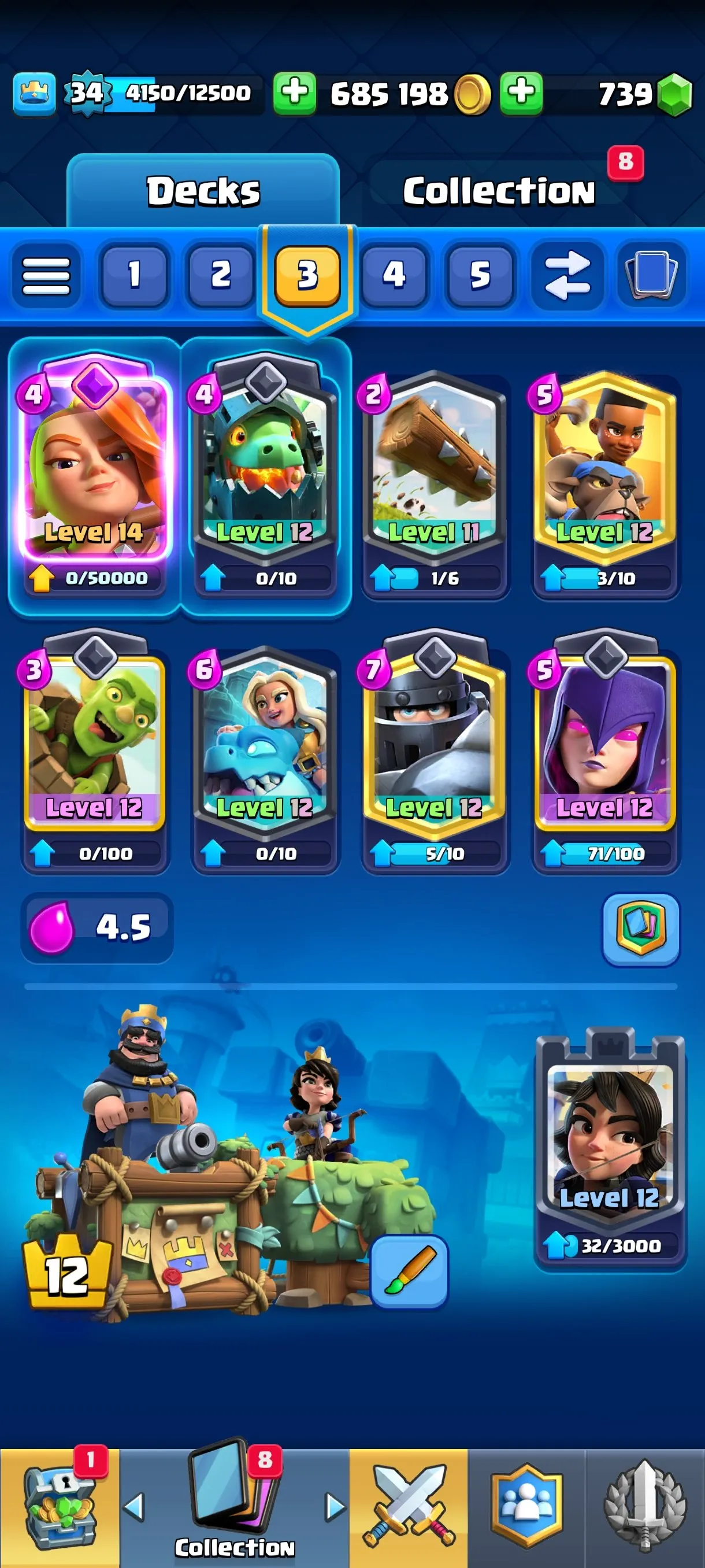 CR671 7581 cups 3 Evolutions 16 Legendary 111 cards 739 gems 685198 gold King 34 Arena 20 rich emotes tower banners