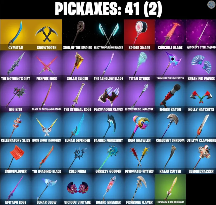 F1182 SULTURA, CYMITAR, SNOWTOOTH, Follow The Butterfly, Snow Sailer, 31 Skins, 39 Gliders, 41 Backblings, 41 Pickaxes, 12 Max Styles, Exclusive Items 