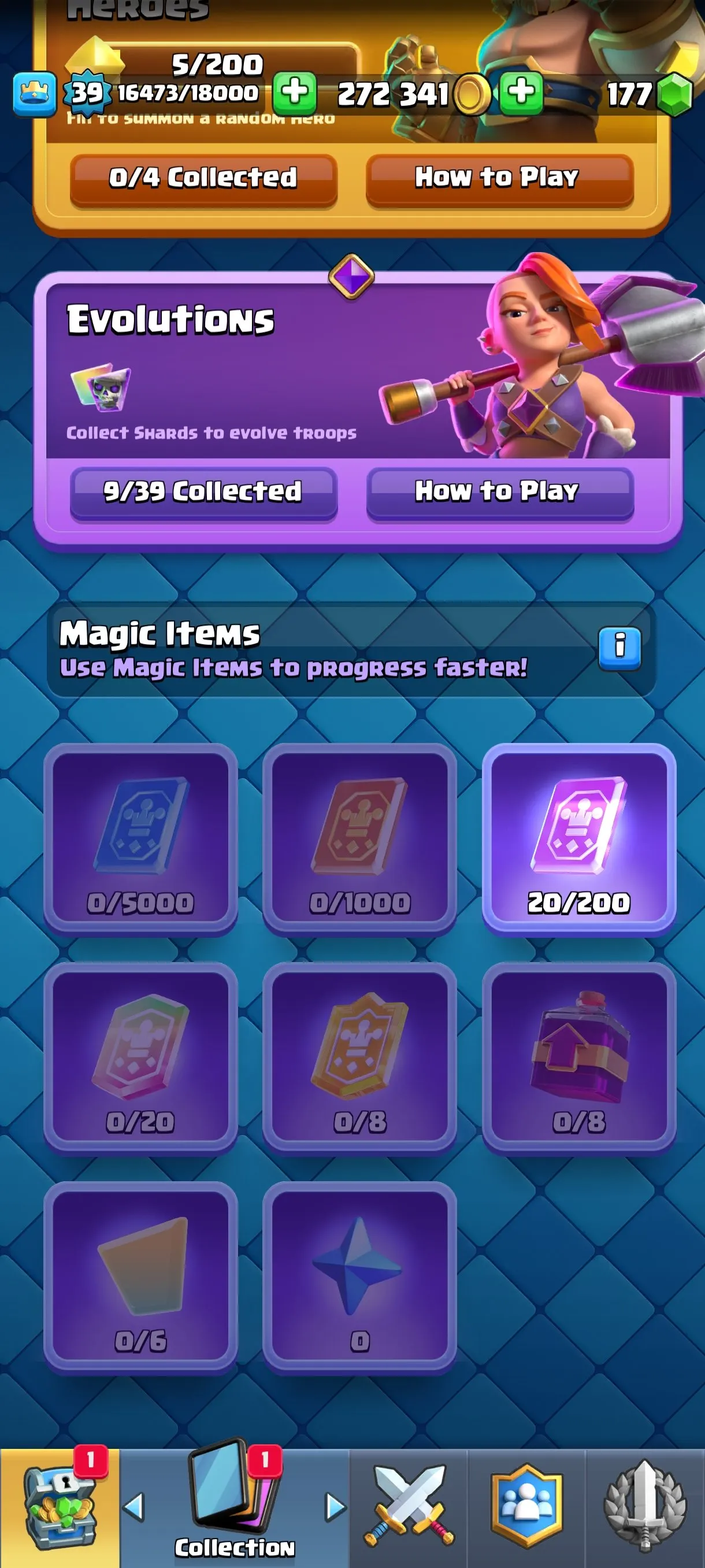 CR680 7293 cups 9 Evolutions 118 cards 177 gems 272341 gold King 39 Arena 19 35 emotes 4 tower skins rich deck