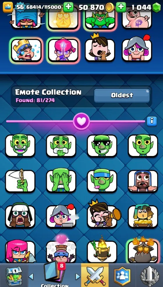 CR715 Level 56 deck with Balloon 9 level 15 23 level 14 10 evolutions 10k trophies Arena 24 50k gold 1k gems 81 emotes all 121 cards unlocked