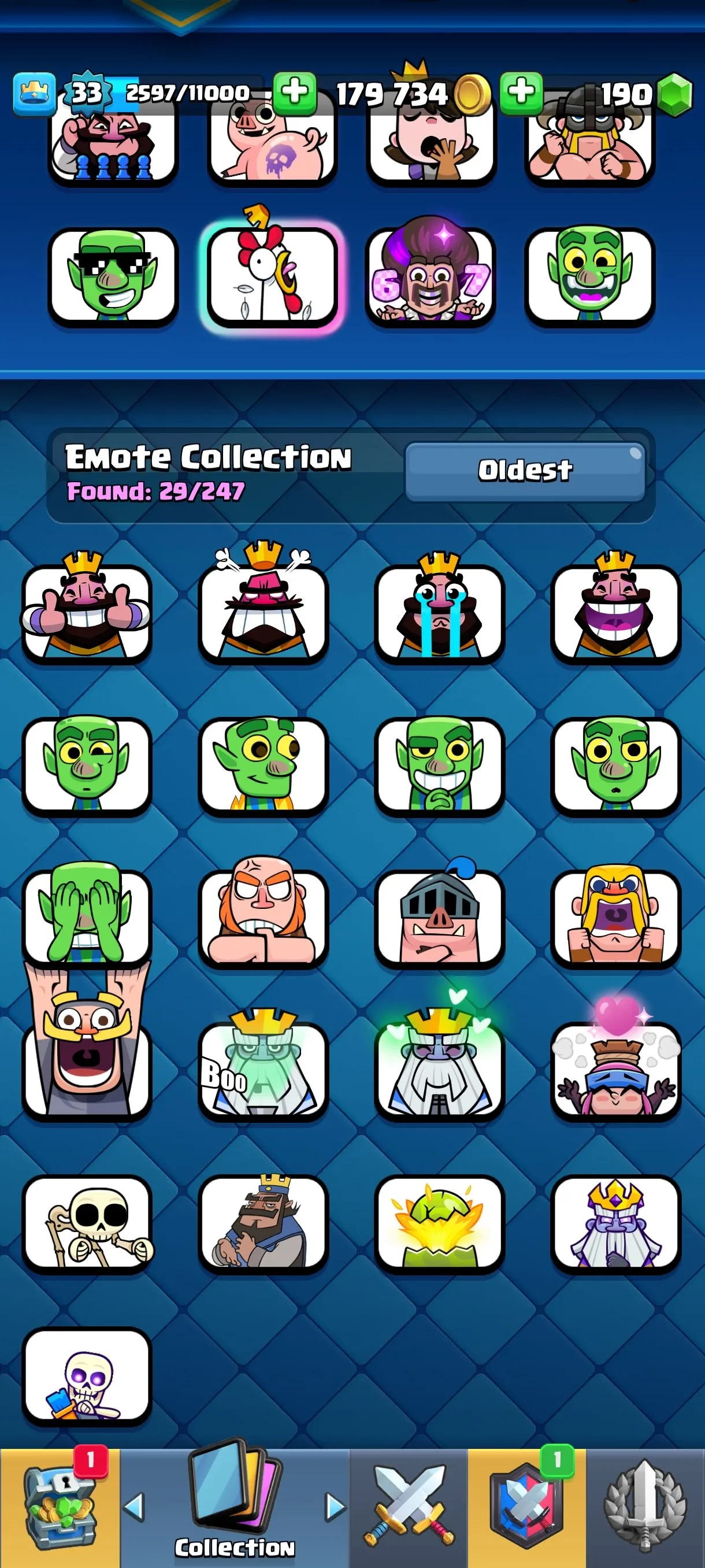 CR675 6105 cups 0 Evolutions 109 cards 190 gems 179734 gold King 33 Arena 17 29 emotes 1 tower rich badges