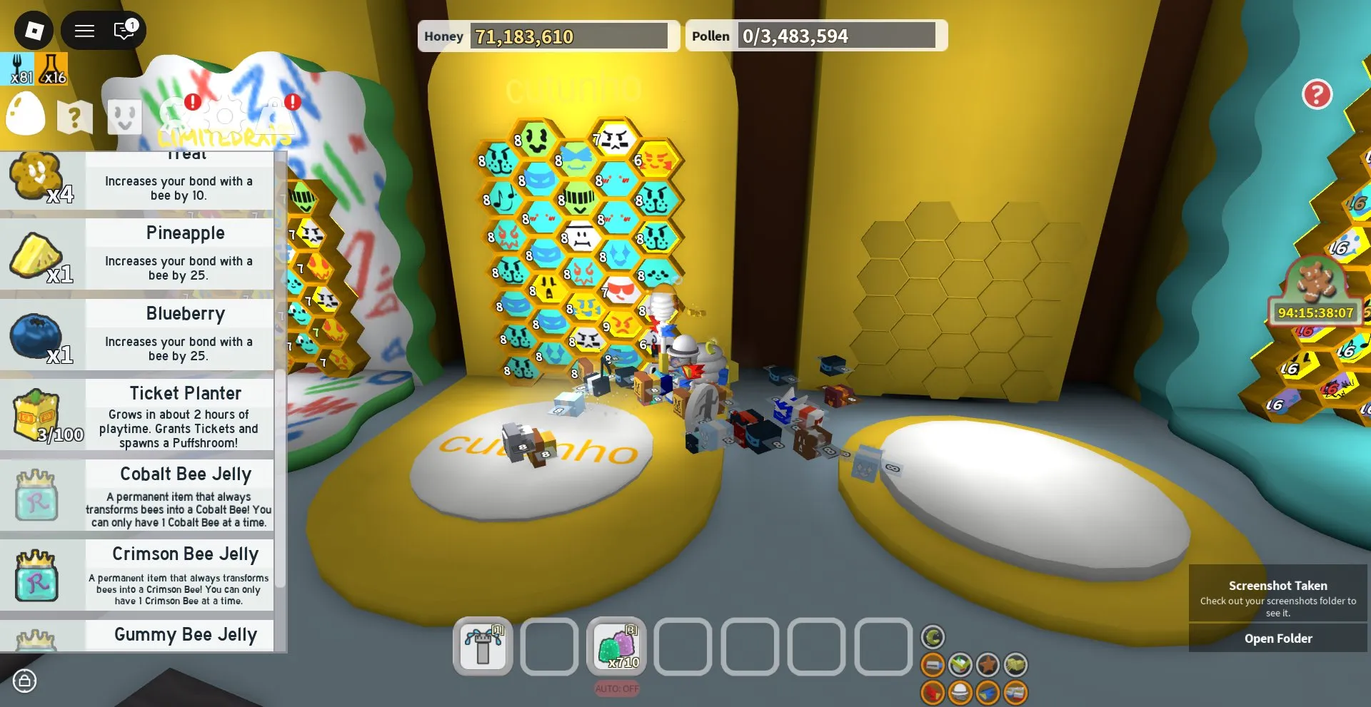 RBL3007 Bee Swarm Simulator Account 35 Bees Pineapple Ticket Paper Sprinkler Builder Gumdrops Stinger Art Pass Blueberry Ticket Coconut Jelly Crimson Jelly Gummy Jelly Phoster Jelly Cutinho (G)