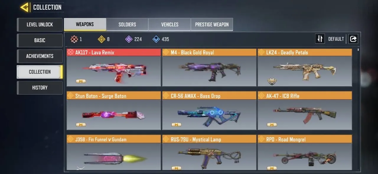 CODM94 Max Level 400 India Account 1 Mythic AK117 Lava Remix 8 Legendary Guns 92 Epic Characters 25 Rare Characters 25 Epic Vehicles 159 Rare Vehicles 