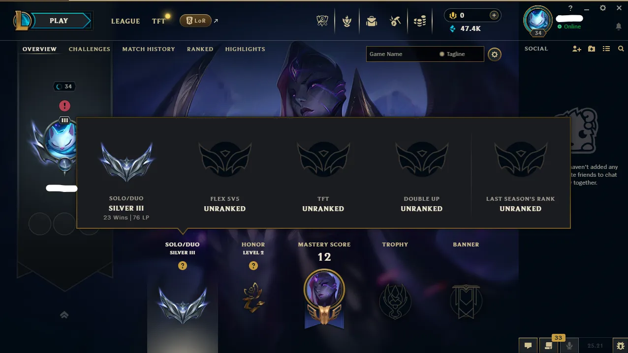 【 EUW 】∙ Silver 3 ♦️ 90% WR ♦️ 47.4K BE 🔹 High MMR + 38 LP Gain ☑️Full Access🚚 Instant Delivery