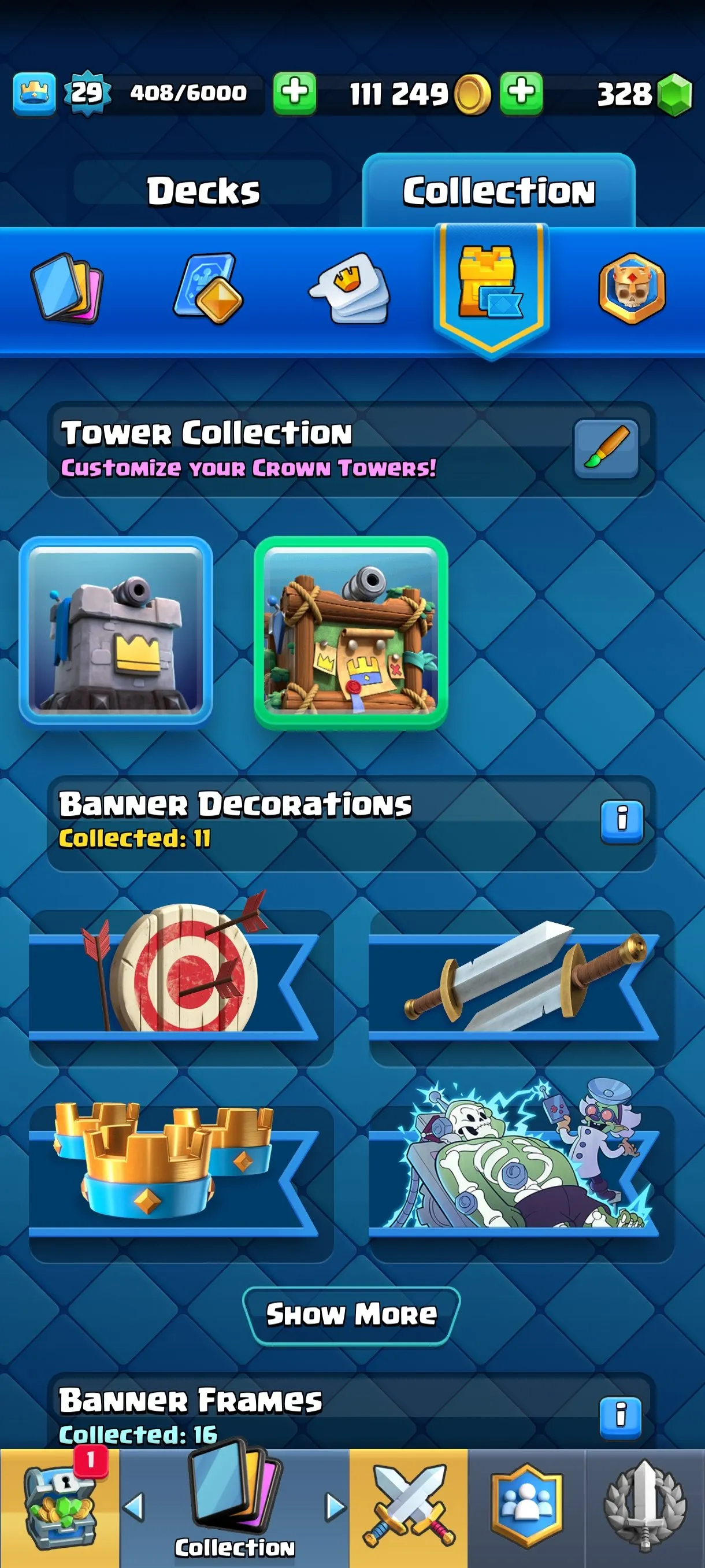 CR682 4445 cups 0 Evolutions 89 cards 328 gems 111249 gold King 29 Arena 13 12 emotes 1 tower banner collection