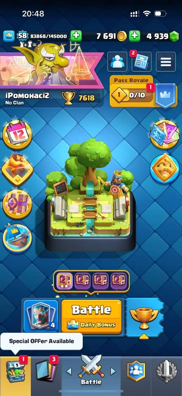 CR546 Arena 20 Level 58 | 7.6k Trophies | 19 Legendary Cards | 5 Evolutions | 4900 Gems | 33 Emotes | 119 Cards