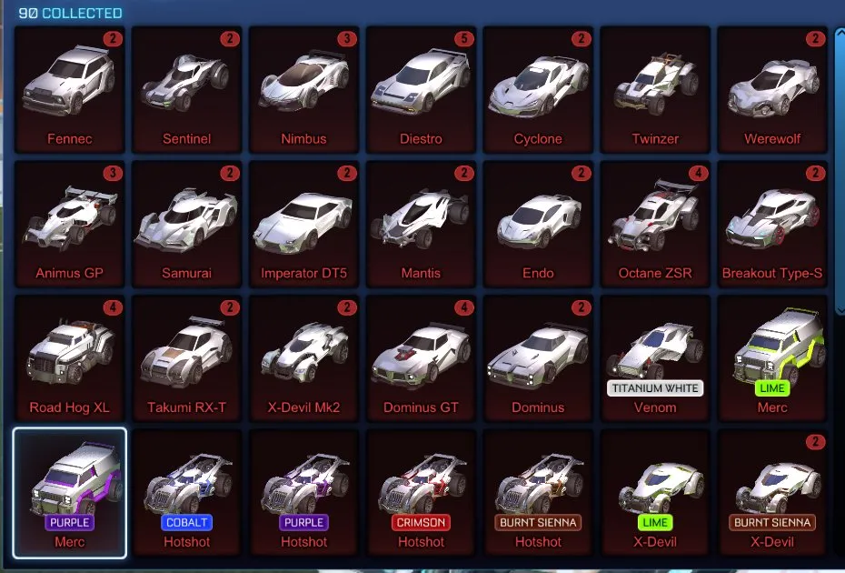 STOCK478 // Fennec, 90 Car Bodies (Titanium White Venom, Lime Merc, Cobalt Hotshot, Sky Blue Paladin), 52 Black Markets (Mainframe, Dissolver, Dueling Dragons), Hypnotik, Draco, Santa Fe, REEVRB, Infinium, Pyrrhos, Heatwave, Trigon, Fire God