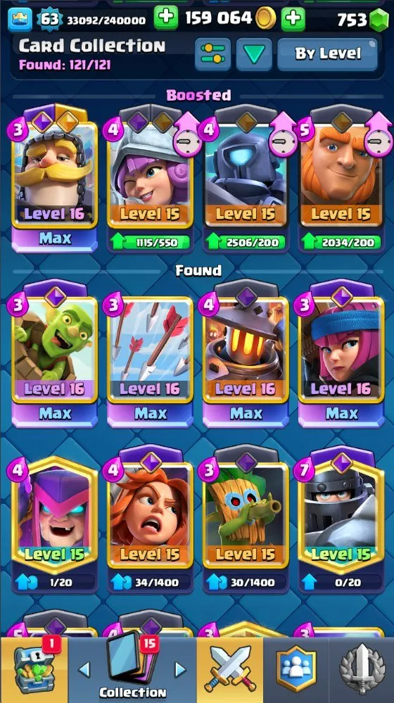 CR718 Level 63 deck with Rocket Archer 5 level 16 9 level 15 14 evolutions 10k trophies Arena 24 159k gold 753 gems 39 emotes 121 cards 20 legendaries