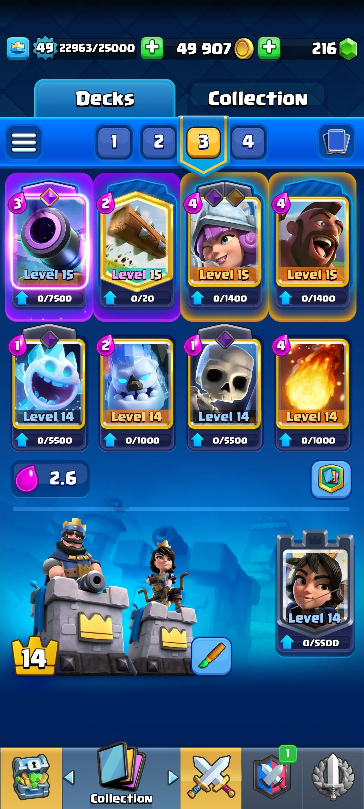 CR565 Maxed 10k Trophies Level 49 star 5 Evolutions 121 Cards 51 Emotes 3 Tower Skins 216 Gems