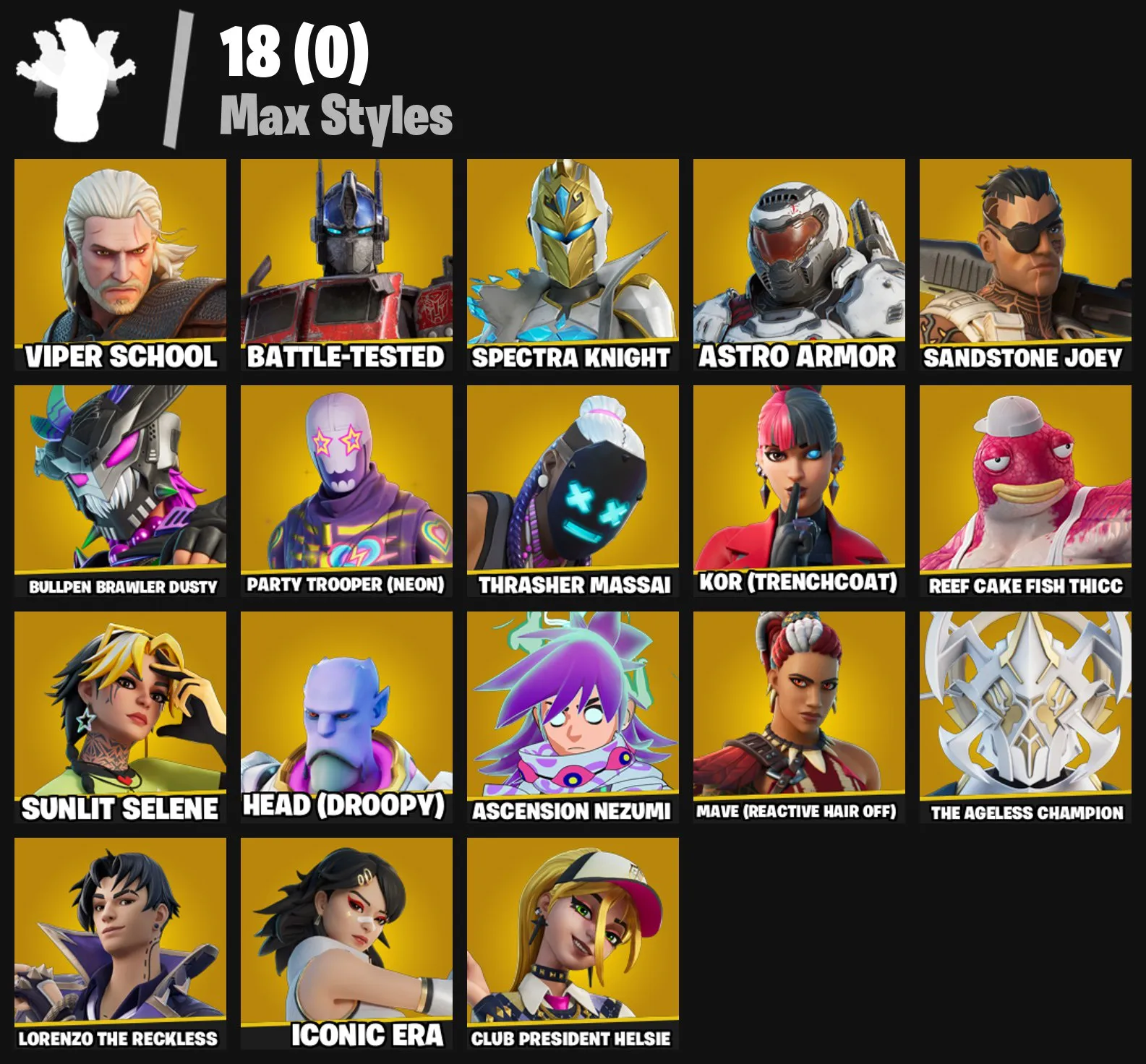 F1186 85 Skins: Snake Eyes, Peter Griffin, Son Gohan, The Ageless, Optimus Prime, Predator, Spectra Knight, exclusive backblings, 126 backpacks, 84 gliders, 97 pickaxes, 76 emotes 