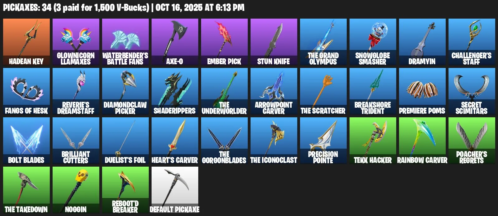 F1259 Zeus, Peter Griffin, Hades, Medusa, Solid Snake, Valeria, Poseidon Skins, Level 293, 31 Skins, 34 Pickaxes, Full Access (G)