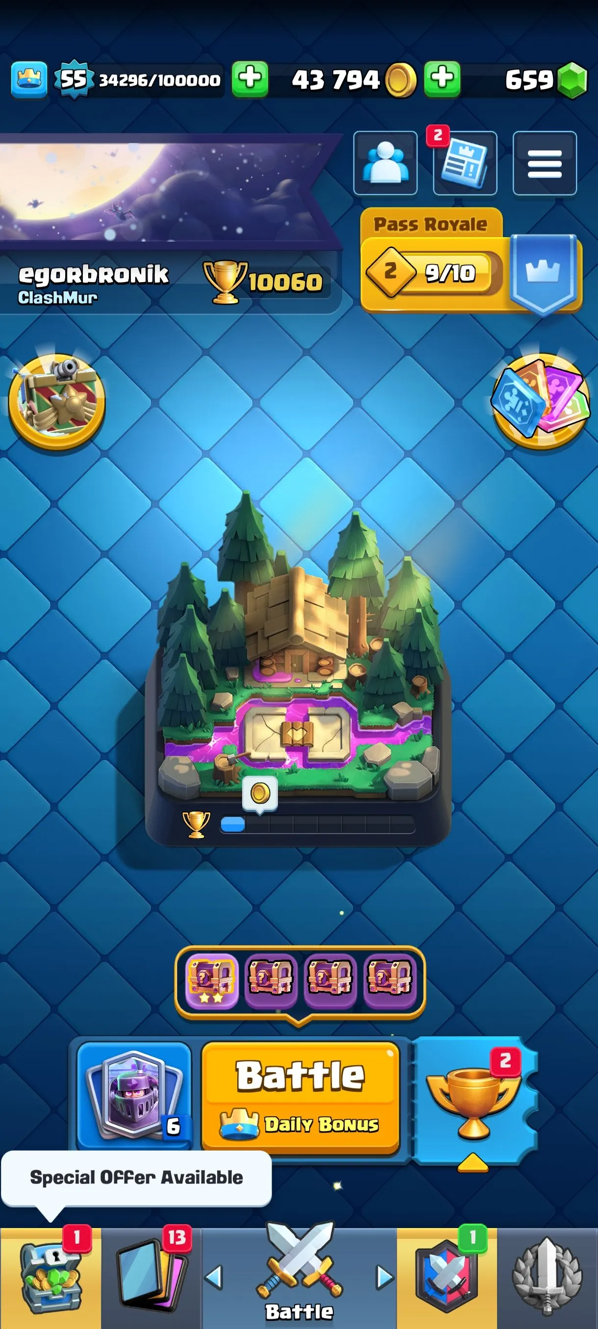 CR681 10000 cups 10 Evolutions 121 cards 659 gems 43794 gold King 55 Arena 25 69 emotes 9 tower skins max balloon mega knight