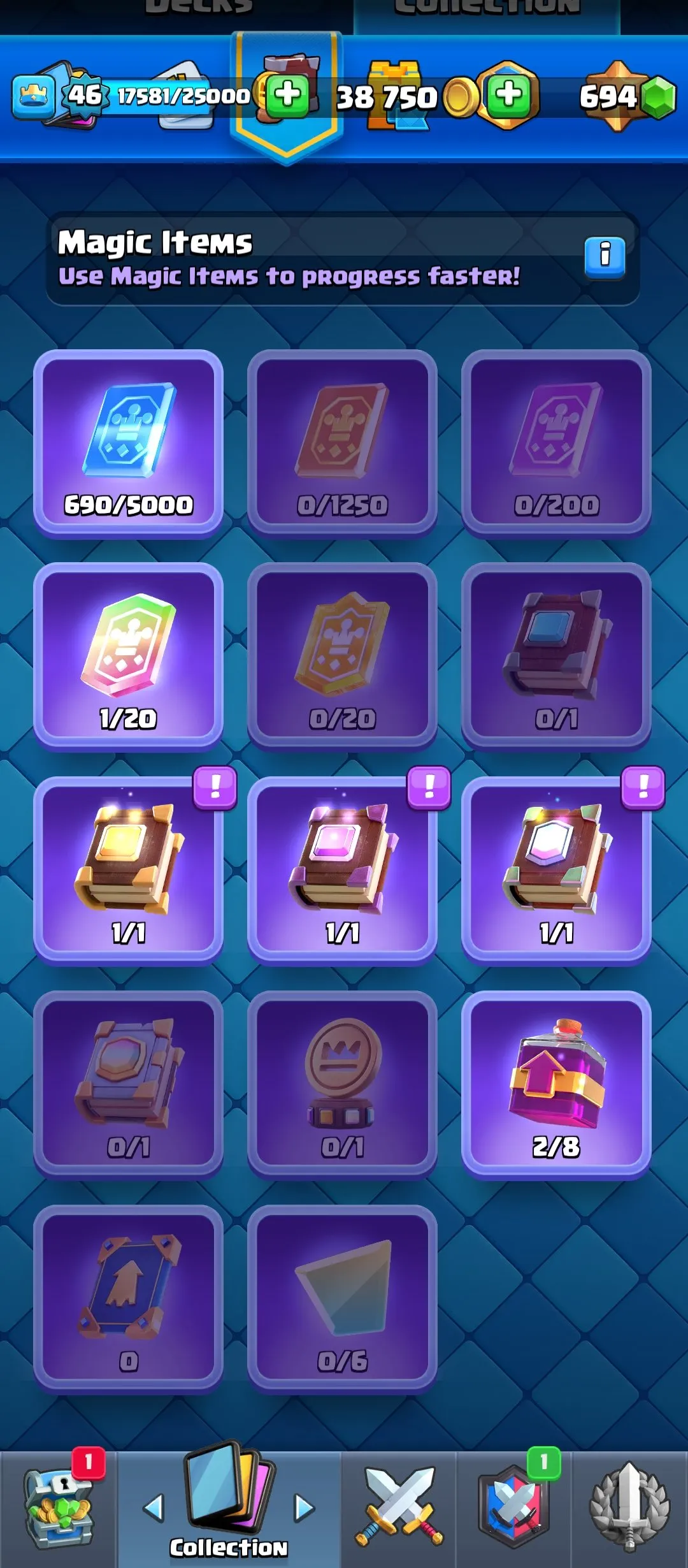 CR624 King Level 46 Arena 24 9700 Trophies 119 Cards 8 Evo 29 Pins Min Deck LVL 14 Max Deck LVL 15 Name Change Free 33k Best Seasons