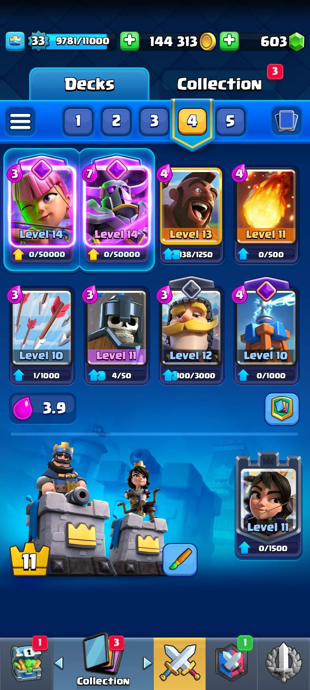 CR669 7557 cups 6 Evolutions 14 Legendary 109 Cards 603 gems 144313 gold King 33 Arena 20 rich collection