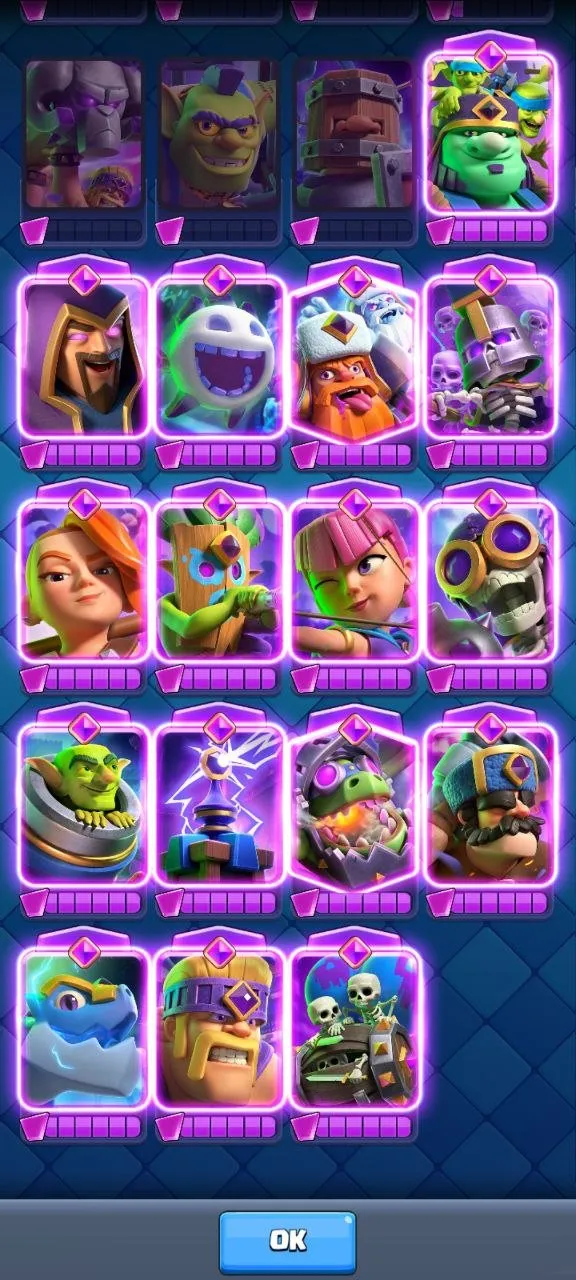 CR570   9027 Trophies 16 Evolutions 4 Heroes 77 Emotes Sad Goblin 3x15 12x14 Level Cards Pass star Royale x4