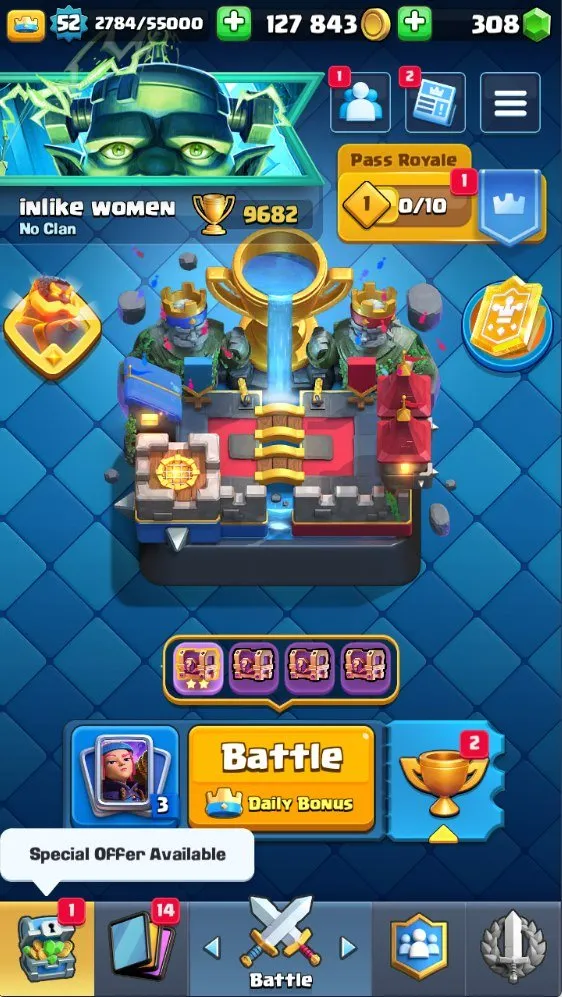 CR626 9.6k Trophies L52 Arena24 Rocketeer Deck 5 L15 7 L14 Cards 11 Evolutions 19 Legendaries 29 Emotes 308 Gems Free Name Change